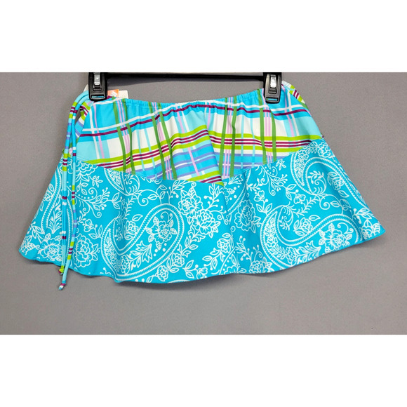 Agua Doce Swimwear Cover Skirt Womens M Blue Snap Pocket Floral Plaid Drawstring - Picture 1 of 12